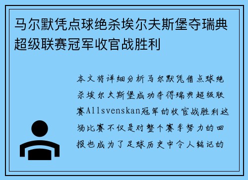 马尔默凭点球绝杀埃尔夫斯堡夺瑞典超级联赛冠军收官战胜利